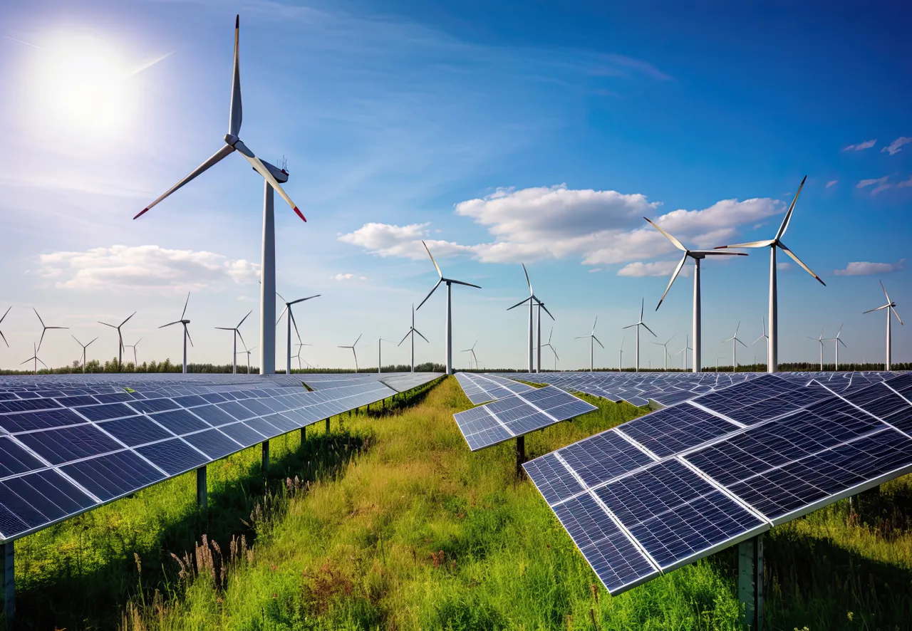 Placas fotovoltaicas e torres de energia eólica