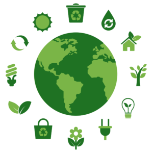 Globo terrestre verde com símbolos ambientais
