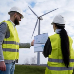 Equipe em um projeto de energia eólica