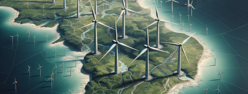 Dall·e 2024 01 23 21.52.09 An Artistic Representation Of A Map Of Northeast Brazil, Featuring Prominent Wind Turbines. The Map Is Detailed, Highlighting The Geographic Contours