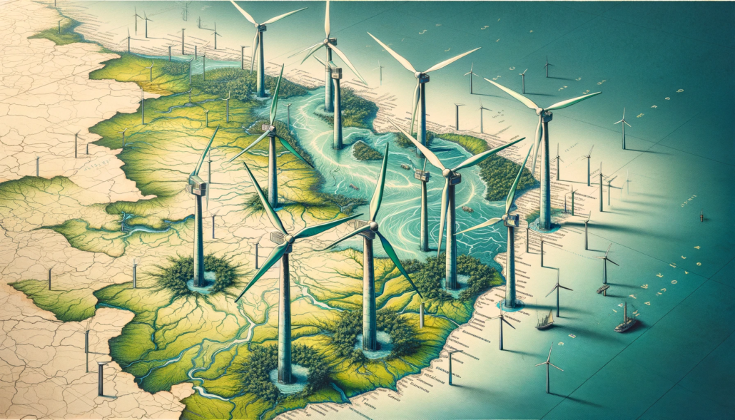 Representation Of A Map Of Northeast Brazil, Featuring Prominent Wind Turbines. The Map Is Detailed, Highlighting The Geographic Contours